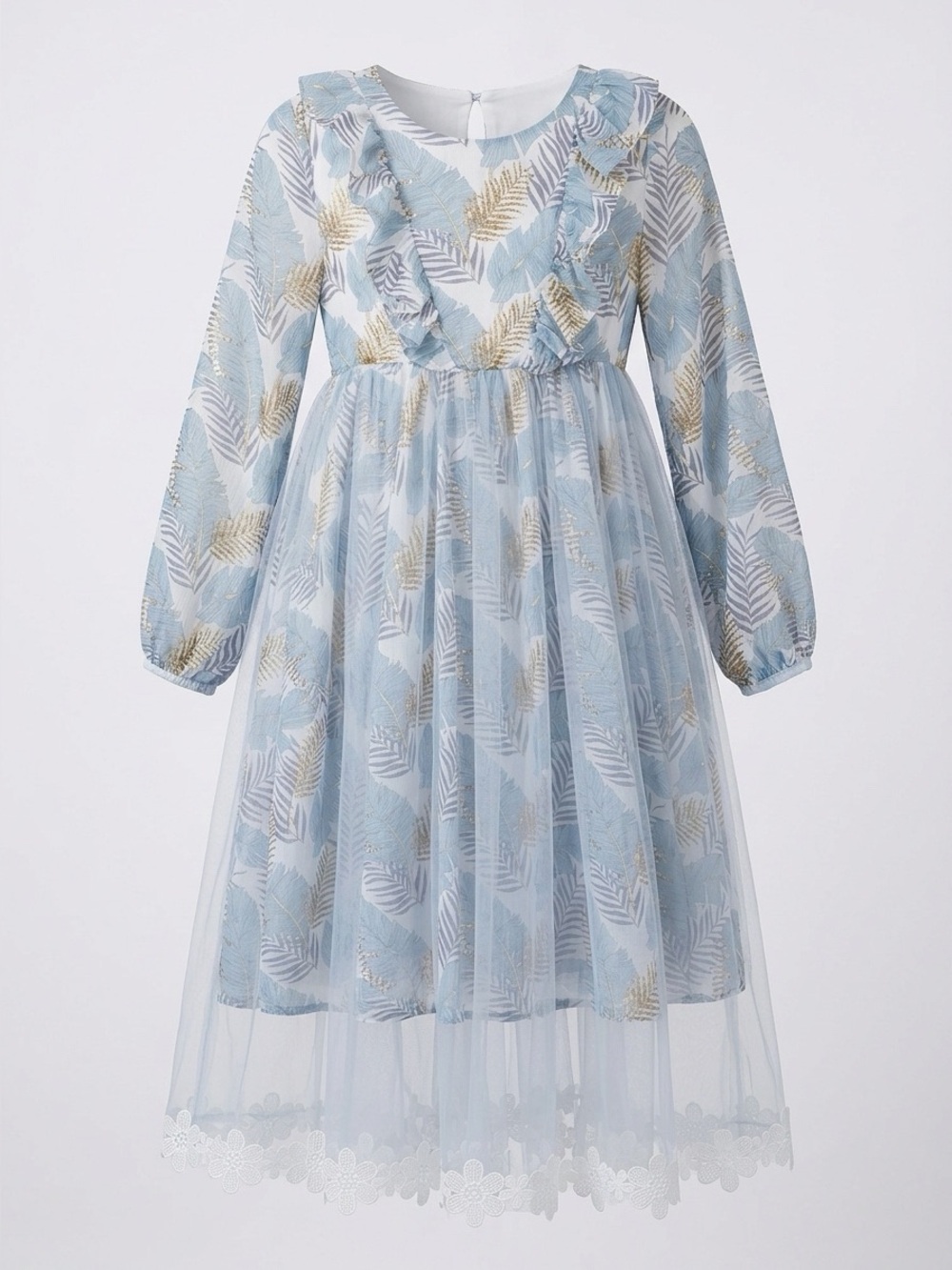 Cottagecore Light Blue Leaf Print Ruffled Tulle Dress For Girls 12-15